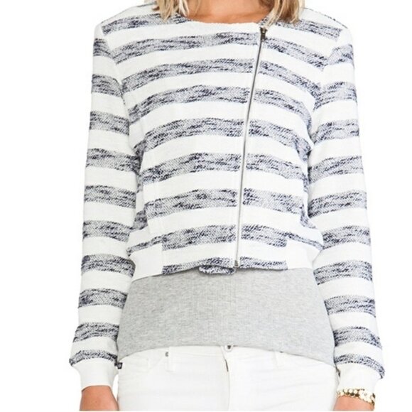 Sanctuary Asymmetric Zip Front Heather Grey White Stripe Cropped Jacket M - Picture 3 of 9